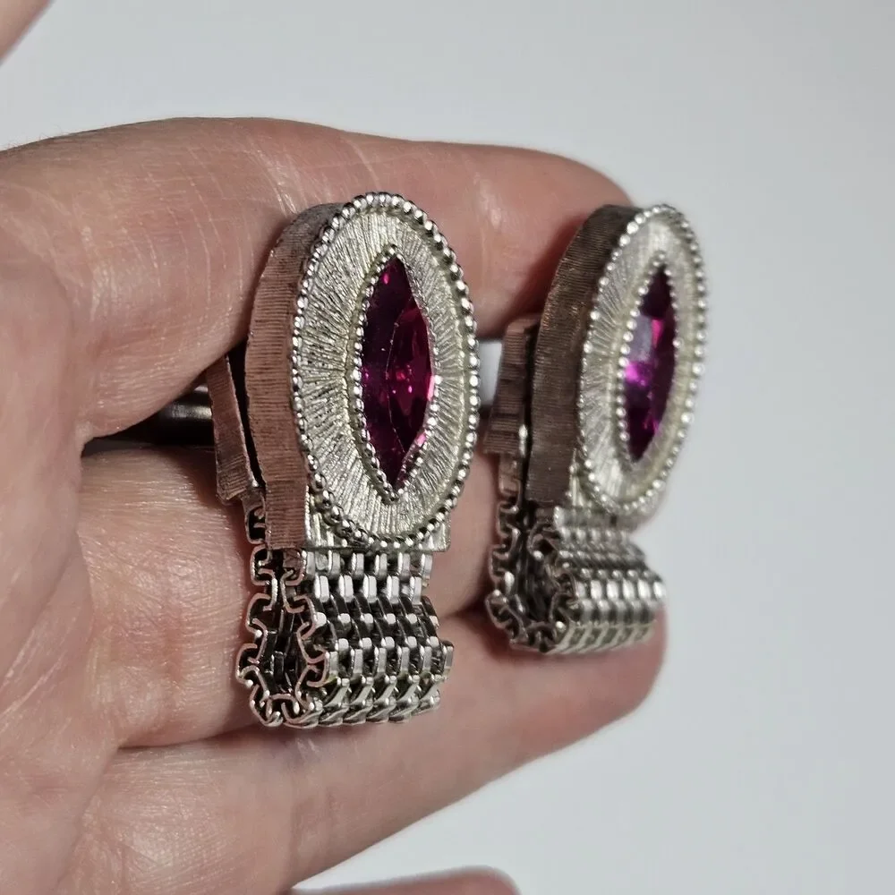 Vintage Swank Pink Marquise Rhinestone Silver Tone Mesh Wrap Around Cuff Links